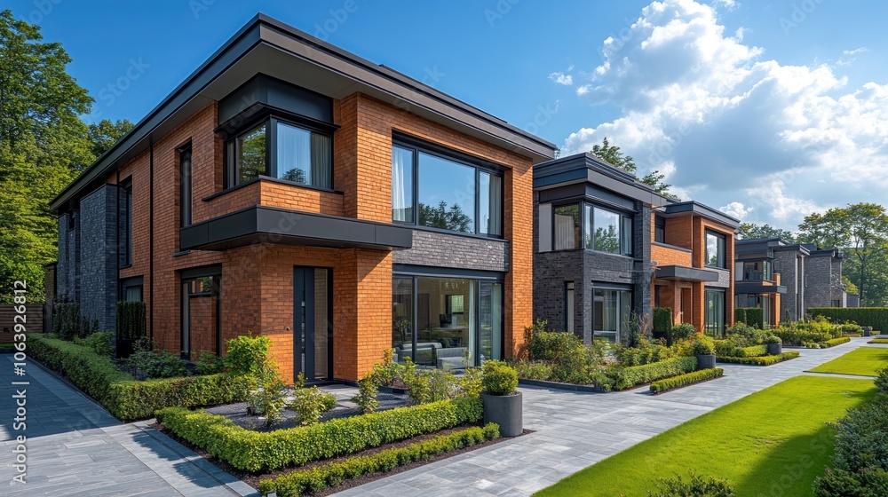 Modern residential buildings with landscaped gardens and walkways. Modern residential buildings with landscaped gardens and walkways.
