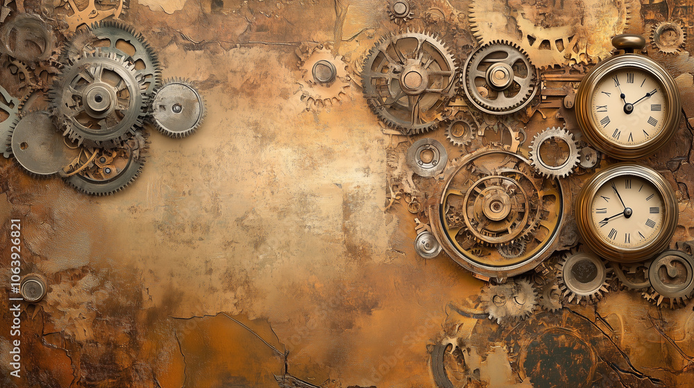 Naklejka premium Steampunk background with gears and vintage clocks on rustic metallic surface