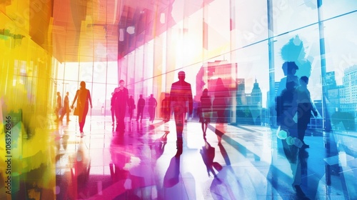 A group of people walking in a building with colorful walls