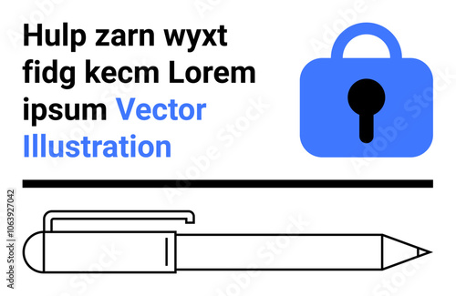 Blue lock icon with a black keyhole, horizontal black line, and detailed black pen underline placeholder text. Ideal for security themes, data protection, stationery branding, privacy, documentation