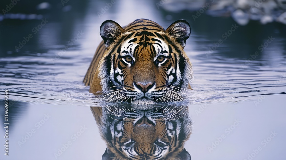 Fototapeta premium A tiger swims in a river, its reflection visible in the water.