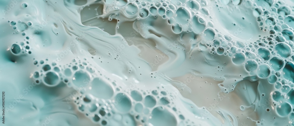 Naklejka premium Abstract white and turquoise bubbles create a marbled effect, emphasizing texture and flow.