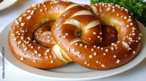 Soft pretzel with coarse salt, served with a side of cheese sauce for dipping