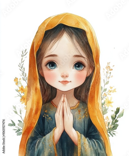 Watercolor painting of cute saint mary praying photo