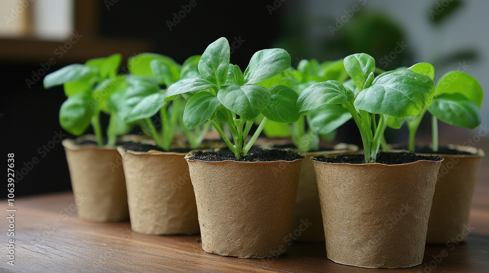 Growing seedlings in biodegradable pots on a wooden table indoors
Growing seedlings in biodegradable pots on a wooden table indoors