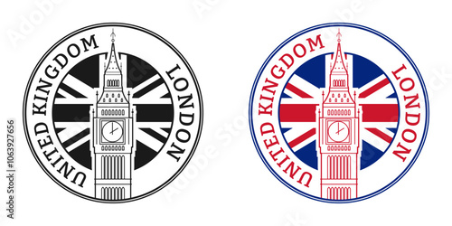 London, UK stamp or seal with Big Ben sign, icon and British flag. Vector illustration.