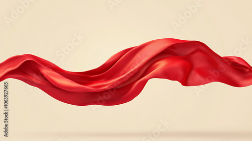 A flowing red silk fabric or flag gracefully draped, set against a beige background. The smooth, elegant red satin creates a luxurious feel, reminiscent of a grand opening ceremony. 