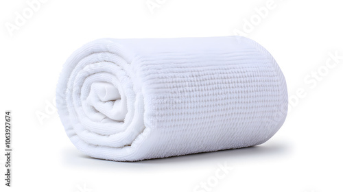 Single rolled white towel, isolated on white background