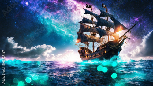 Pirate Ship on a Bioluminescent Ocean Sea, Galaxy of Stars in the Night Sky, Blue Luminating Water, Adventure Illustration photo