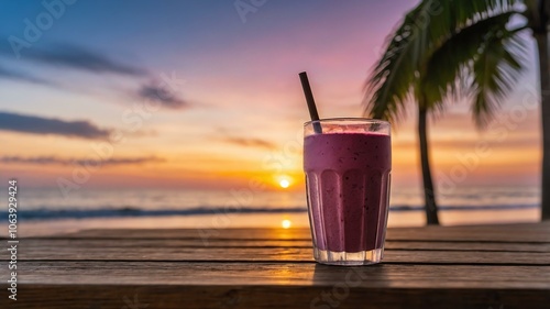 aesthetic berry protein shake isolated on a wooden table with sunset beach background