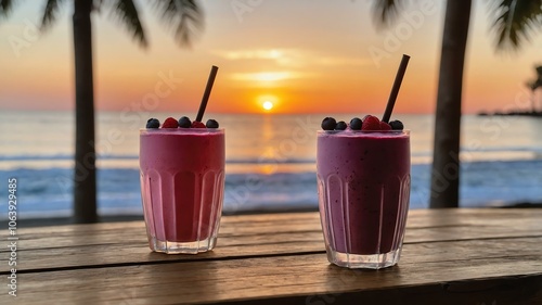 aesthetic berry protein shake isolated on a wooden table with sunset beach background