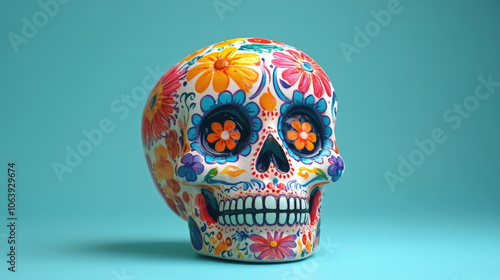 Colorful decorative skull on a bright blue background 