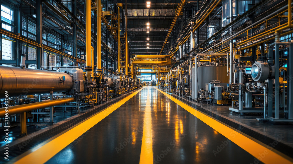 Industrial factory interior with pipes and machinery in bright lighting
Industrial factory interior with pipes and machinery in bright lighting