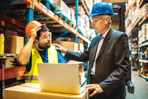 Warehouse worker discussing logistics with manager over a laptop