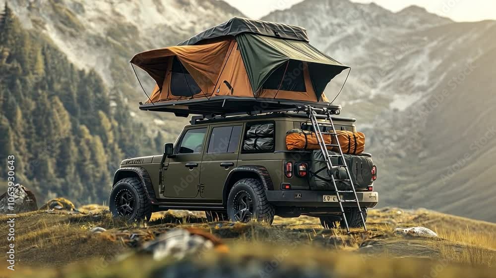 Adventure car with rooftop tent setup, depicting a rugged vehicle with ...