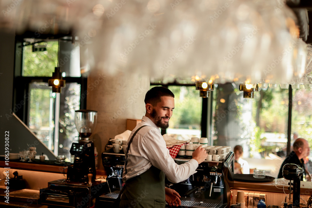 Barista crafting delicious espresso in a modern cafe, surrounded by vibrant greenery and cheerful patrons enjoying their daily brews Barista crafting delicious espresso in a modern cafe, surrounded by vibrant greenery and cheerful patrons enjoying their daily brews