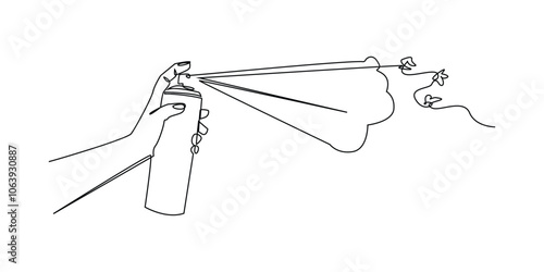 continuous line of mosquito spray.one line drawing of human hand spraying mosquitoes.single line vector illustration of exterminating mosquitoes with spray.isolated on white background