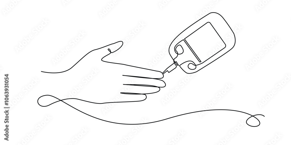 continuous line of checking blood sugar with glucomere.one line drawing of checking diabetes with glucomere.line art of world diabetes day.isolated on white background continuous line of checking blood sugar with glucomere.one line drawing of checking diabetes with glucomere.line art of world diabetes day.isolated on white background