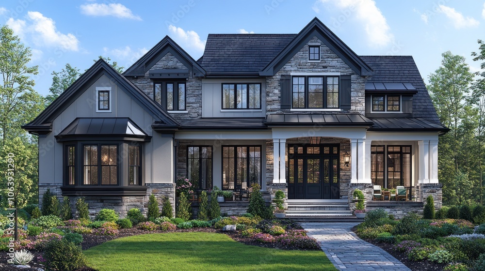 A modern two-story house with stone accents and a landscaped garden. A modern two-story house with stone accents and a landscaped garden.