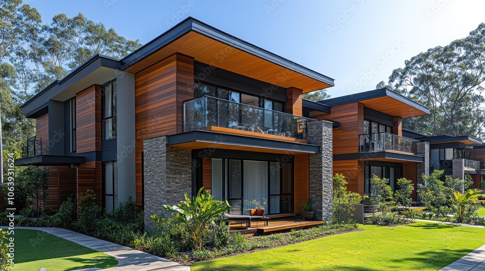 Modern residential buildings with sleek design and lush landscaping. Modern residential buildings with sleek design and lush landscaping.