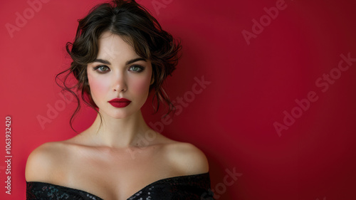 Young gorgeous brunette woman with evening make-up, painted red lips in a black evening dress. Portrait of a chik dressed woman on a red background