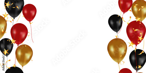 Gold, red and black balloons, confetti decoration Black Friday sale frame banner