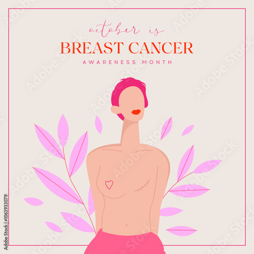 Breast Cancer Awareness Month. Woman with red hair and symbolic outlines representing a mastectomy. Pink october month female healthcare campaign solidarity.