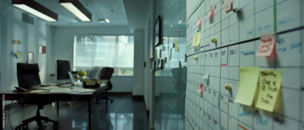 A modern office space features a detailed calendar board in the foreground, adjoining a simple workspace with scattered papers. A modern office space features a detailed calendar board in the foreground, adjoining a simple workspace with scattered papers.