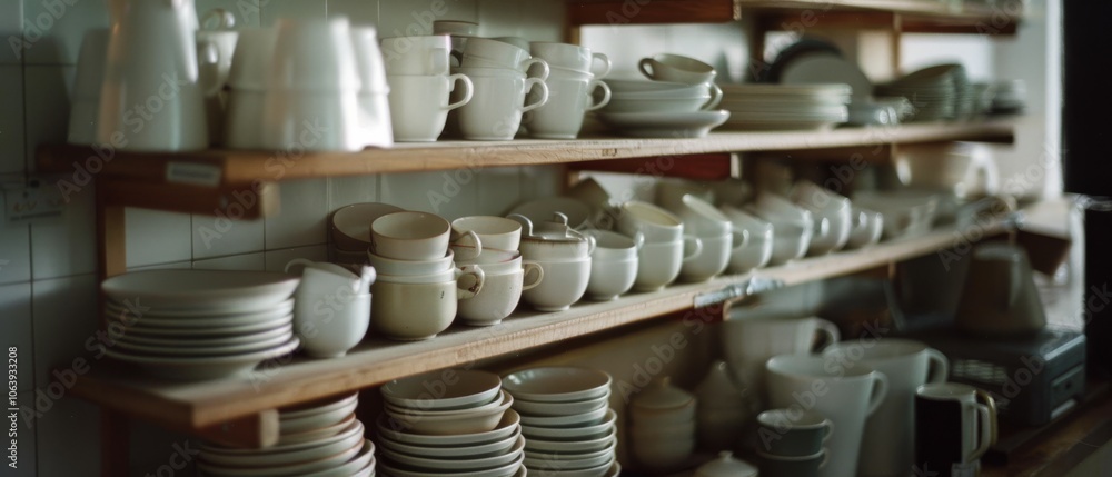 Shelves filled with neatly arranged pottery, showcasing a variety of cups, bowls, and plates; an artisan’s collection of handcrafted ceramics. Shelves filled with neatly arranged pottery, showcasing a variety of cups, bowls, and plates; an artisan’s collection of handcrafted ceramics.
