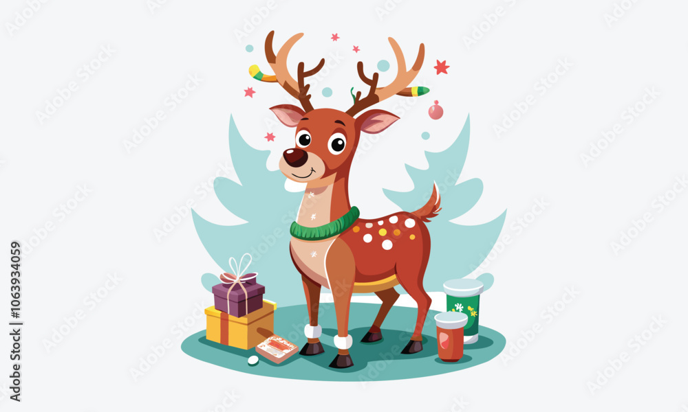 Fototapeta premium Christmas Day, Reindeer Repair Ointment vector white background illustration Generative Ai