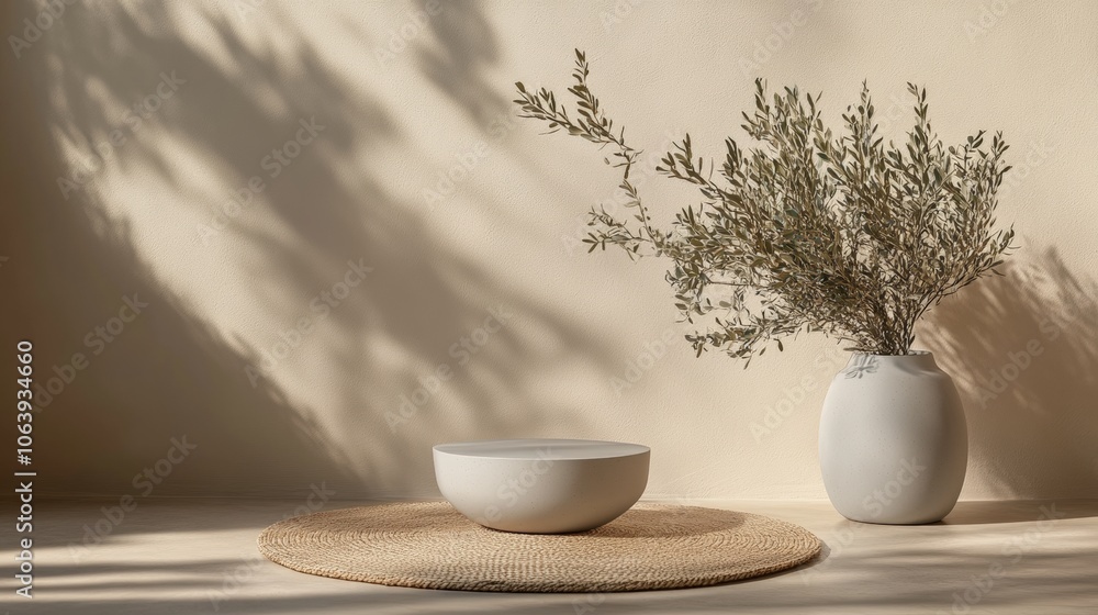 A minimalist setting featuring a round bowl and a vase with an olive branch, casting shadows on a textured wall, Suitable for decor, interior design, or nature-themed projects, A minimalist setting featuring a round bowl and a vase with an olive branch, casting shadows on a textured wall, Suitable for decor, interior design, or nature-themed projects,
