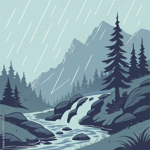 A serene mountain landscape illustration with a cascading waterfall flowing through a rocky river. The scene is set under a soft rain, creating a tranquil and calming atmosphere.