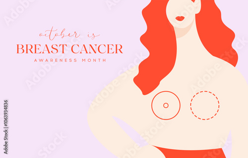 Breast Cancer Awareness Month. Woman with red hair and symbolic outlines representing a mastectomy. Pink october month female healthcare campaign solidarity.