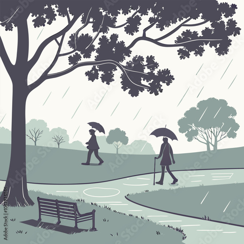 A serene illustration depicting two figures strolling through a park during a gentle rain shower.  The lush greenery adds a touch of tranquility to the scene.