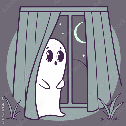 A cute ghost peeks out from behind a curtain, gazing at the moonlit night sky. Perfect for adding a touch of spooky charm to your Halloween designs, or for creating whimsical illustrations for kids.