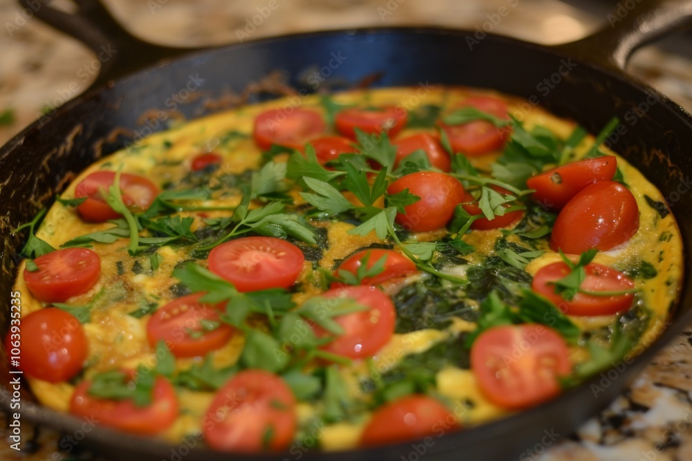 Fresh herb and spinach frittata served in cast iron Fresh herb and spinach frittata served in cast iron