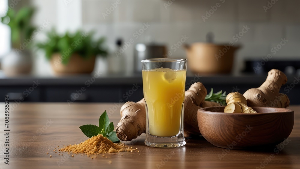 Ginger Drink with Fresh Roots and Green Herbs Ginger Drink with Fresh Roots and Green Herbs