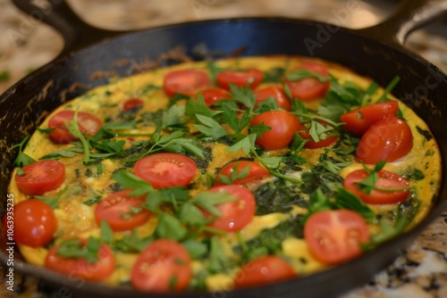 Fresh herb and spinach frittata served in cast iron