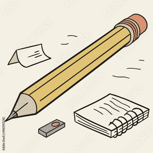 A simple and charming illustration of a pencil, eraser, and notebook, perfect for adding a touch of whimsy to your designs. This playful graphic is ideal for stationery, school supplies.