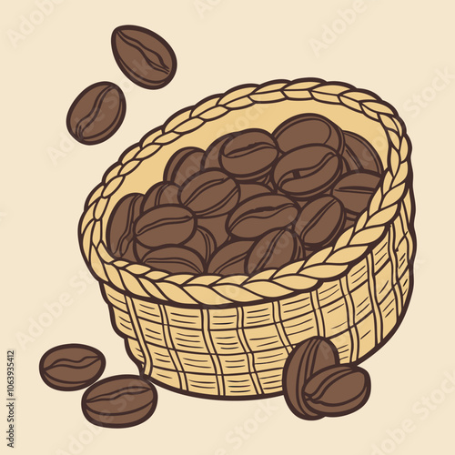 A hand-drawn illustration of a wicker basket overflowing with roasted coffee beans. This delightful image is perfect for coffee-themed projects, branding.