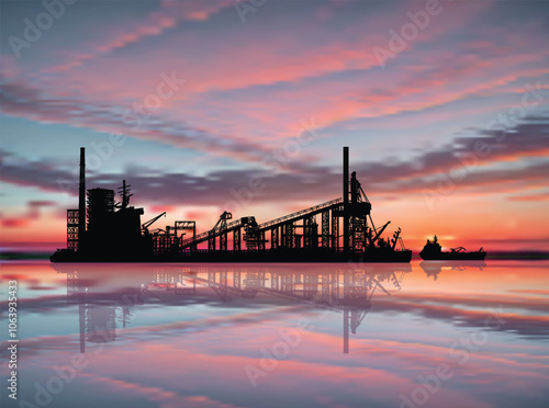 transport platform with reflection on sunset background