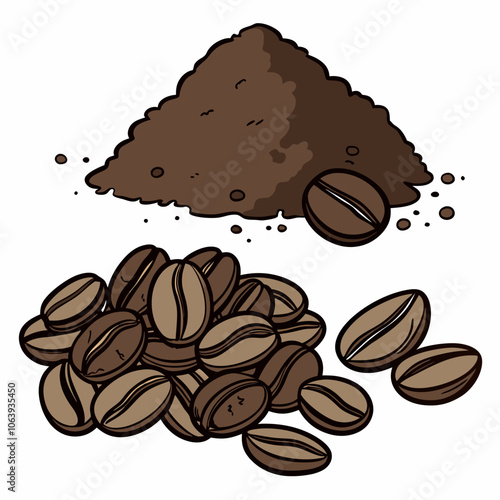 A detailed illustration of coffee beans and ground coffee, perfect for adding a touch of rustic charm to your designs. This image is ideal for coffee-themed projects, food packaging.