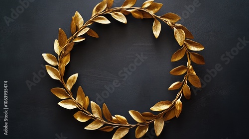 Golden round laurel wreath on a dark background.