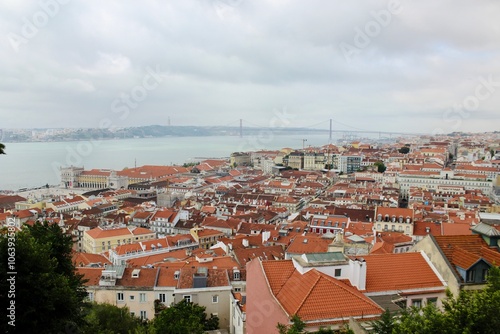 Panoramic View of Lisbon Cityscape with 25 de Abril Bridge on Cloudy Day