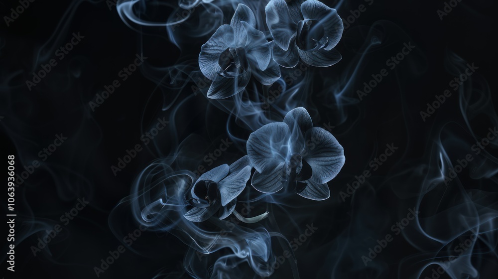 Obraz premium Dark and dramatic image of black orchids surrounded by swirling smoke on a black background. The ethereal atmosphere gives a sense of mystery and elegance, perfect for fantasy themes.