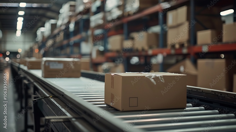 Fototapeta premium Industrial Conveyor with Cardboard Boxes