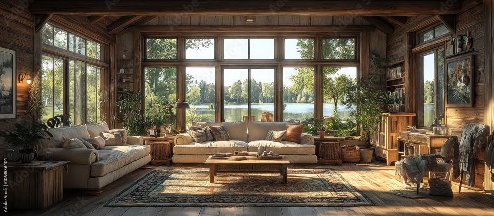 Cozy living room with large windows overlooking a serene lake and lush greenery. Cozy living room with large windows overlooking a serene lake and lush greenery.