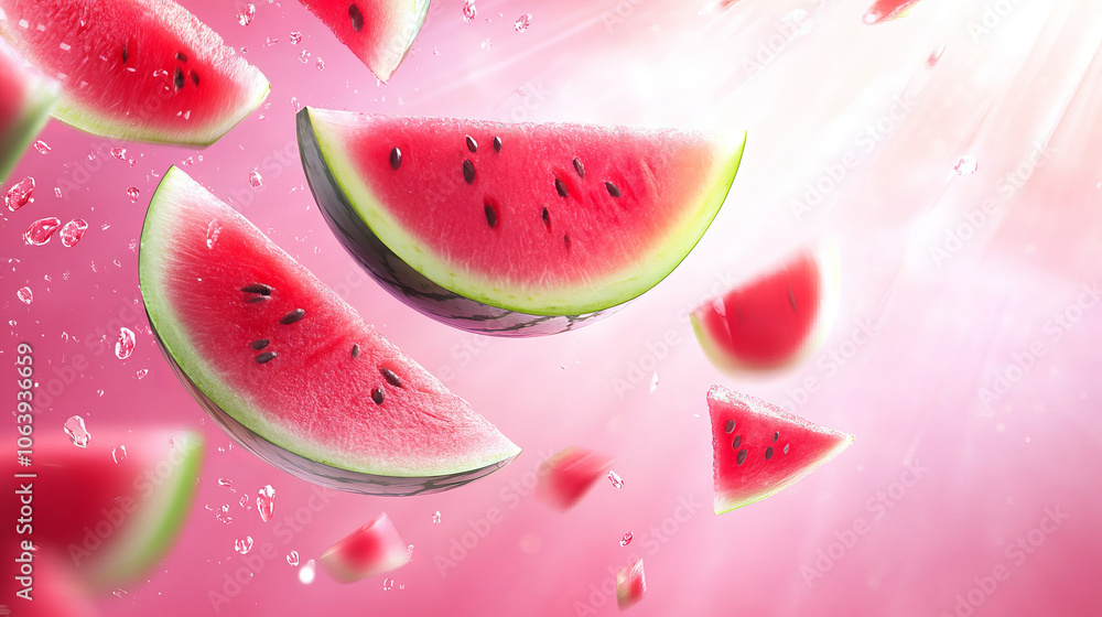 Slices of fresh, juicy watermelon captured mid-air, falling gracefully against a vibrant pink background, creating a refreshing and playful scene. Slices of fresh, juicy watermelon captured mid-air, falling gracefully against a vibrant pink background, creating a refreshing and playful scene.