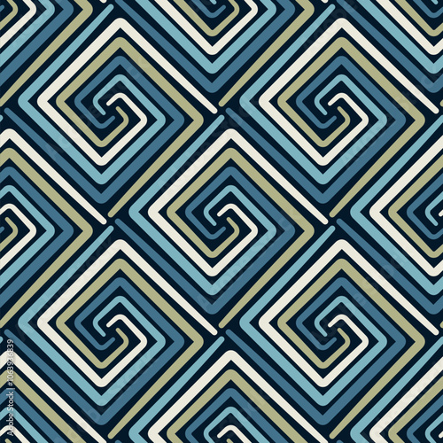 Abstract geometric motif with concentric spiral squares in a retro-style design and vintage colors. Seamless repeating pattern. Vector illustration.