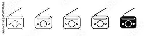 Set of 5 Radio icon, 1 Silhouette, 1 unexpanded vector, Radio antenna icon, communication, media, frequency pod cast, live news transmission, broadcasting